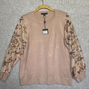 Adrianna Papell M SweaterSequin Sheer Puff Sleeve Mesh Blink Dainty Fairy Coral‎